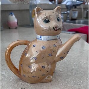 Vintage Gold Ceramic Cat Teapot Lusterware Tan Blue Floral Decorative China